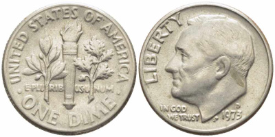 США 10 ЦЕНТОВ = 1 ДАЙМ 1973 D, РУЗВЕЛЬТ KM 195а медь плакированная медно-никелем 112-423