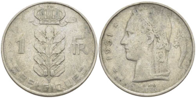 БЕЛЬГИЯ 1 ФРАНК 1951 BELGIQUE, БОДУЭН I (1951-1993) KM 142.1 медно-никель 119-433