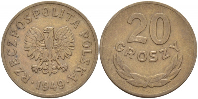 ПОЛЬША 20 ГРОШЕЙ 1949 KM 43 медно-никель 110-115