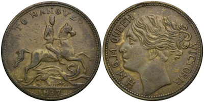 АНГЛИЯ ЖЕТОН 1837 ГАННОВЕР, КОРОЛЕВА ВИКТОРИЯ, ДИАМЕТР 22 ММ., ТОКЕН латунь 27-136