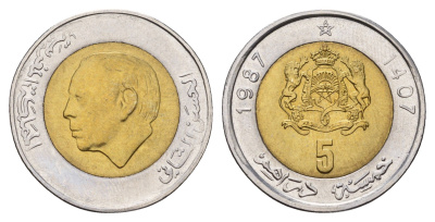 Марокко 5 дирхамов 1987 год-тип Y 82 биметалл UNC 216-713