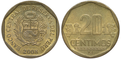 Перу 20 сентимо 2008 KM 306.4 латунь aUNC 4605-445