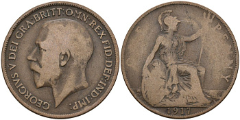 Великобритания 1 пенни 1917 Георг V (1910-1936) KM 810, Spink 4051 бронза 4572-1221