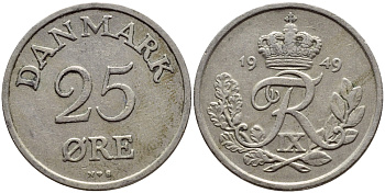 Дания 25 эре 1949 N; S, Фредерик IX (1947-1972) KM 842.1 медно-никель 4398-927