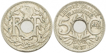 ФРАНЦИЯ 5 САНТИМОВ 1937 ТИП ЛИНДАЙЁ KM 875 медно-никель 3955-314