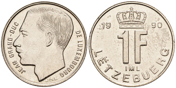 Люксембург 1 франк 1990 Герцог Жан (1964-1999) KM 63 сталь плакированная никелем 4596-846