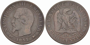 ФРАНЦИЯ 5 САНТИМОВ 1855 D, НАПОЛЕОН III (1852-1870) KM 777.4, LE FRANC 116.23 бронза 108-336