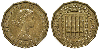 Великобритания 3 пенса 1962 Елизавета II (1952-2022) KM 900, Spink 4153 никель латунь 4122-936