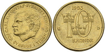 Швеция 10 крон 1993 B, Карл XVI Густав (1973- ) KM 877 медь алюминий цинк 4592-156