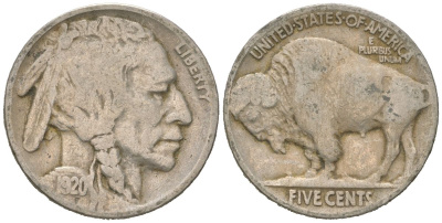 США 5 центов 1920 индеец, бизон KM 134 медно-никель 4614-1043
