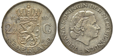 Нидерланды 2 1/2 гульдена 1959 Юлиана (1948-1980) KM 185 серебро 443-232