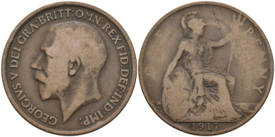 Великобритания 1 пенни 1917 Георг V (1910-1936) KM 810, Spink 4051 бронза 4572-1221