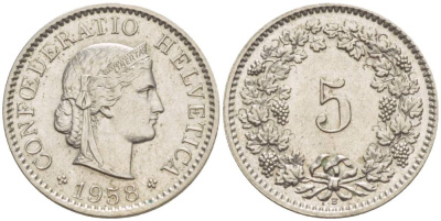 ШВЕЙЦАРИЯ 5 РАППЕНОВ 1958 В KM 26 медно-никель 4532-951