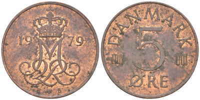 ДАНИЯ 5 ЭРЕ 1979 B; B, МАРГРЕТЕ II (1972-) KM 859.2 сталь плакированная медью 105-445