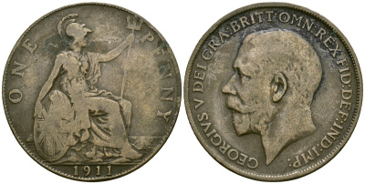 Великобритания 1 пенни 1911 Георг V (1910-1936) KM 810, Spink 4051 бронза 4120-811