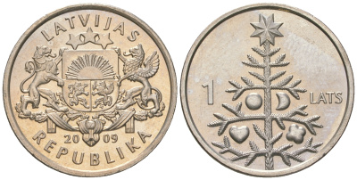 Латвия 1 лат 2009 рождественская ель KM 106 медно-никель UNC 66-541