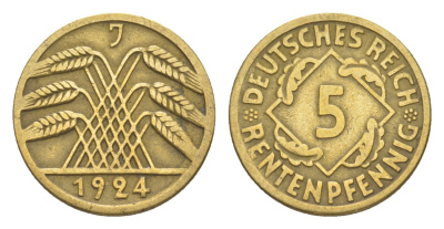 Германия 5 рентенпфеннигов 1924 J KM 32, J. 308 алюминиевая бронза 4636-458