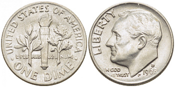 США 10 ЦЕНТОВ = 1 ДАЙМ 1968 D, РУЗВЕЛЬТ KM 195а медь плакированная медно-никелем 105-1045