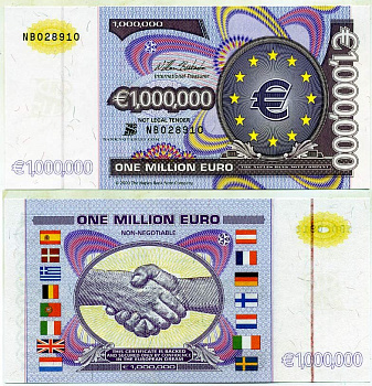 Италия 1000000 евро 2000 Сувенирная банкнота, bank NAPLES, с сертификатом, тираж 150000 экземпляров бумага UNC (пресс) 7146-56-2-2