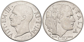 ИТАЛИЯ 20 ЧЕНТЕЗИМО 1941 R, ГОД XIX, ВИКТОР ЭММАНУИЛ III (1900-1946) KM 75b, VEM3. 1028 нержавеющая сталь 3853-711
