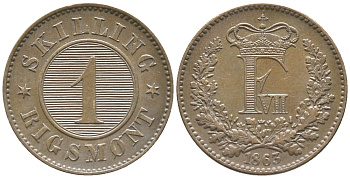 ДАНИЯ 1 СКИЛЛИНГ РИГСМОНТ 1863 ФРЕДЕРИК VII (1848-1863) KM 763 (С135) бронза 34-532