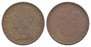 Бельгийское Конго 1 франк 1927 Надпись на французском - 'ALBERT ROI DES BELGES' KM 20 медно-никель 4650-434