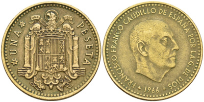 Испания 1 песета 1966 (71) Франсиско Франко (1939-1975) KM 796 алюминиевая бронза 4584-516