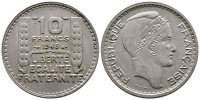 Франция 10 франков 1948 тип Пьер Турин KM 909.1, Le Franc 362.3 медно-никель 51-544