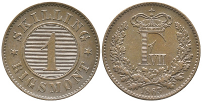 ДАНИЯ 1 СКИЛЛИНГ РИГСМОНТ 1863 ФРЕДЕРИК VII (1848-1863) KM 763 (С135) бронза 34-532