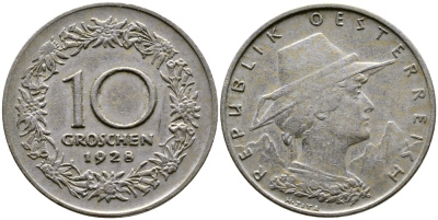 АВСТРИЯ 10 ГРОШЕЙ 1928 KM 2838 медно-никель 46-1217