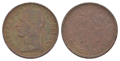 Бельгийское Конго 1 франк 1927 Надпись на французском - 'ALBERT ROI DES BELGES' KM 20 медно-никель 4650-434