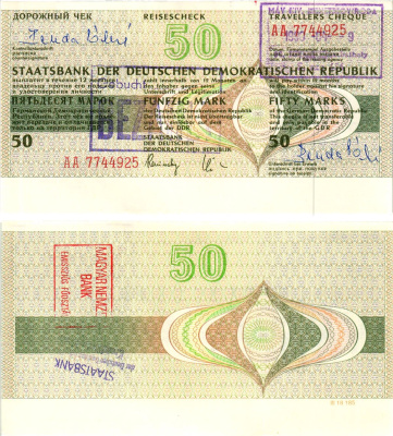 ГДР 50 марок 1990 дорожный чек, серия АА бумага UNC (пресс) 7375-24-3-1