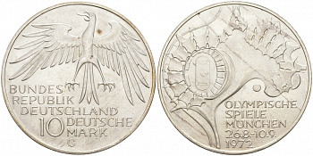 ФРГ 10 МАРОК 1972 G, ОЛИМПИАДА, СТАДИОН KM 133, J.404 серебро UNC 69-924