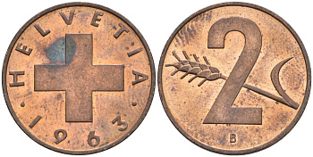 Швейцария 2 раппена 1963 В KM 47 бронза 4586-521