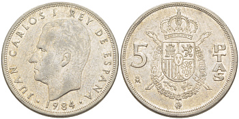 ИСПАНИЯ 5 ПЕСЕТ 1984 ХУАН КАРЛОС I ( 1975-) KM 823 медно-никель 216-653