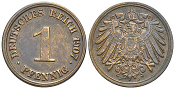 ГЕРМАНИЯ 1 ПФЕННИГ 1907 J KM 10, Jager. 10, Weege 2 медь 4528-1246
