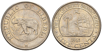 Либерия 5 центов 1961  KM 14 медно-никель  aUNC  220-1237