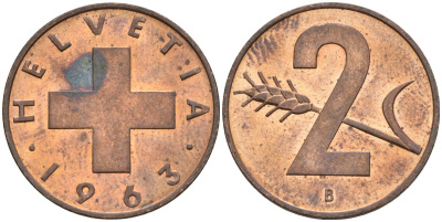 Швейцария 2 раппена 1963 В KM 47 бронза 4586-521