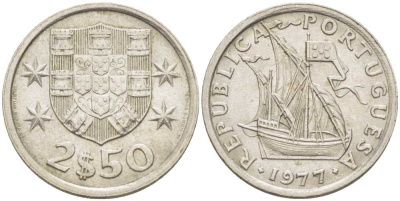 ПОРТУГАЛИЯ 2,5 ЭСКУДО 1977 ПАРУСНИК KM 590 медно-никель 213-242