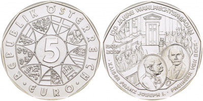 Австрия 5 евро 2007 100 лет Всеобщему избирательному праву, Франц Иосиф, введение всеобщего избирательного права для мужчин KM 3144 серебро UNC 11-153-13