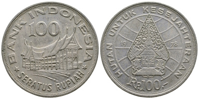 Индонезия 100 рупий 1978 хижина Минангкабау, легендарное дерево жизни KM 42 медно-никель 4179-435