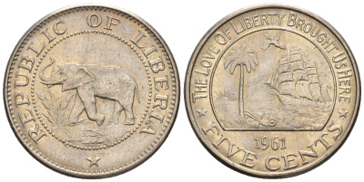 Либерия 5 центов 1961  KM 14 медно-никель  aUNC  220-1237