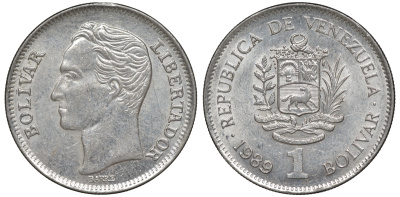 Венесуэла 1 боливар 1989 жирный шрифт Y 52a.1 сталь плакированная никелем 4606-527