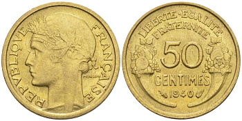 ФРАНЦИЯ 50 САНТИМОВ 1940 ТИП MORLON KM 894.1, LE FRANC 192.17 алюминиевая бронза 44-754