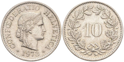Швейцария 10 раппенов 1973 KM 27 медно-никель 55-444