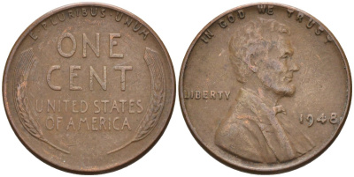 США 1 цент 1948 Линкольн KM А132 медь цинк 4115-811
