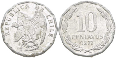 Чили 10 сентаво 1977 KM 205a алюминий 4402-415