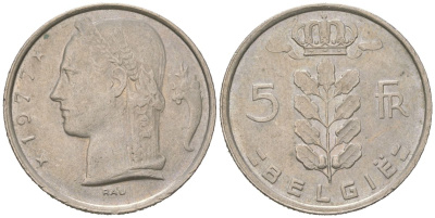 Бельгия 5 франков 1977 Belgie, Бодуэн I (1951-1993) KM 135 медно-никель 4616-1046