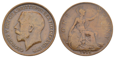 Великобритания 1 пенни 1916 Георг V (1910-1936) KМ 810, Spink 4051 бронза 4634-445