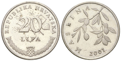Хорватия 20 лип 2001 нечетный год KM 7 сталь плакированная никелем  UNC  4124-1256